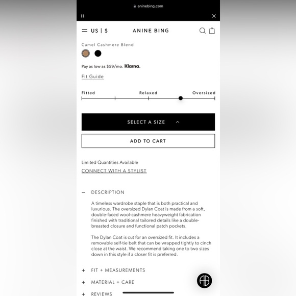 Anine Bing Dylan Coat Camel Cashmere Blend XS - Picture 6 of 17